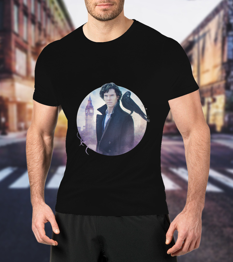 S.H Art Detective Silhouette With Crow And Clock Tower T-Shirt