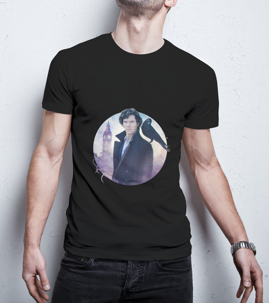 S.H Art Detective Silhouette With Crow And Clock Tower T-Shirt