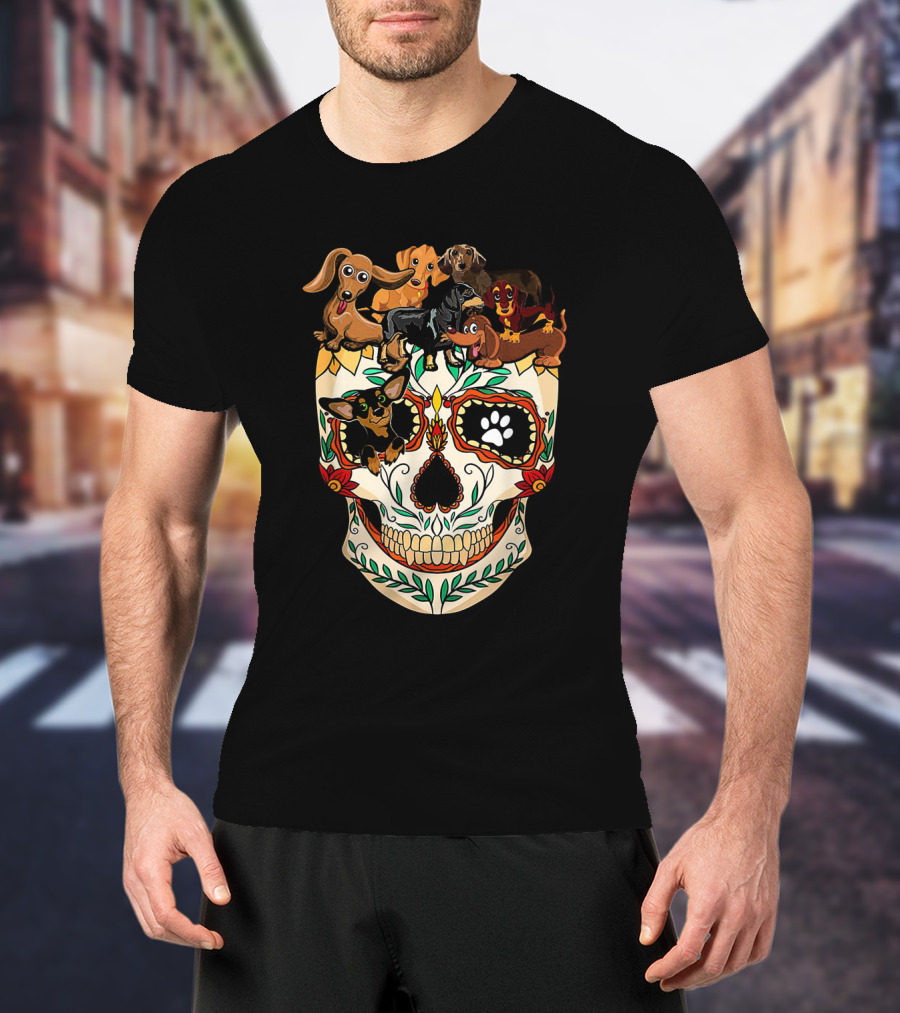 Dachshunds Sugar Skull Dog Mom Dad Funny Colorful Day Of The Dead T-Shirt