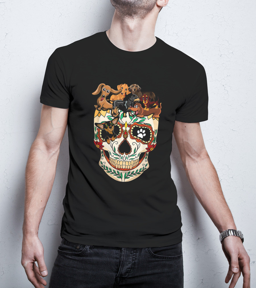 Dachshunds Sugar Skull Dog Mom Dad Funny Colorful Day Of The Dead T-Shirt