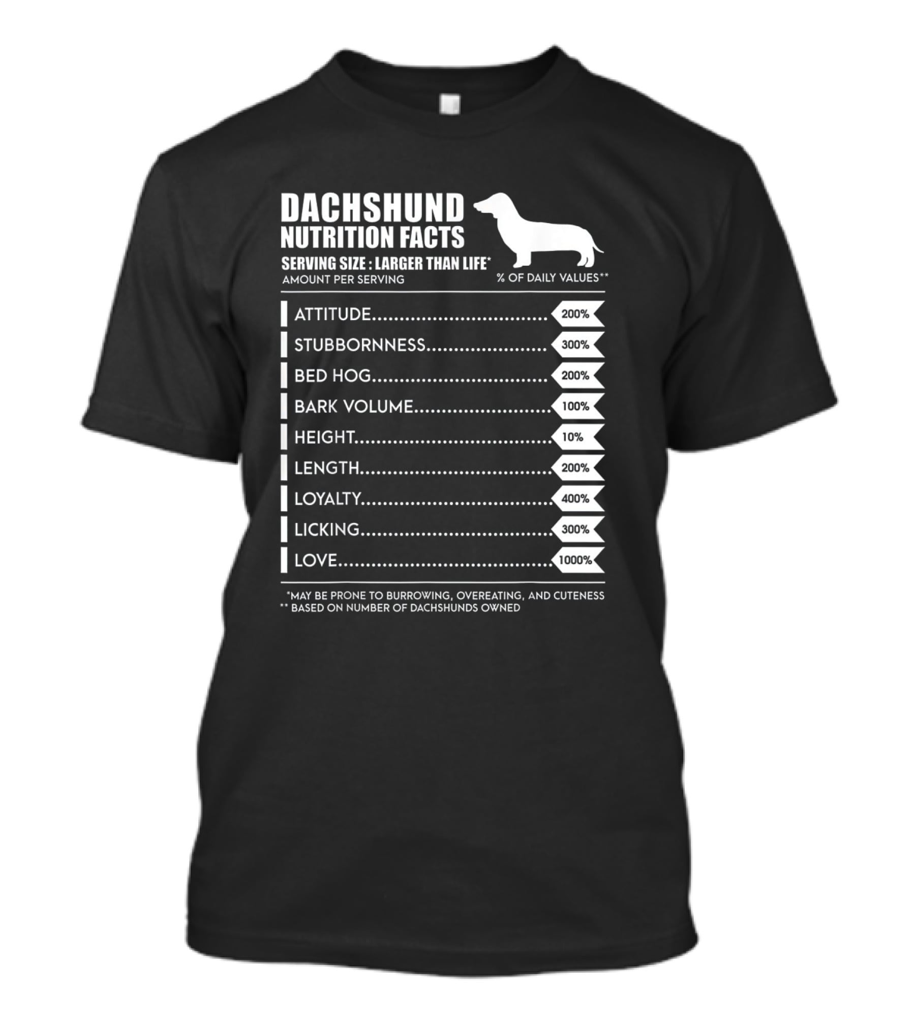 Dachshund Weiner Dog Nutrition Facts Attitude Stubbornness Bed Hog Bark Volume Height Length Loyalty Licking Love T-Shirt