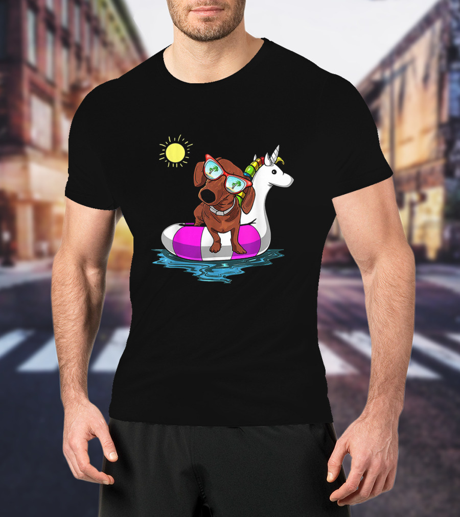 Dachshund On Unicorn Float At Summer Pool Party With Sunglasses And Sun T-Shirt