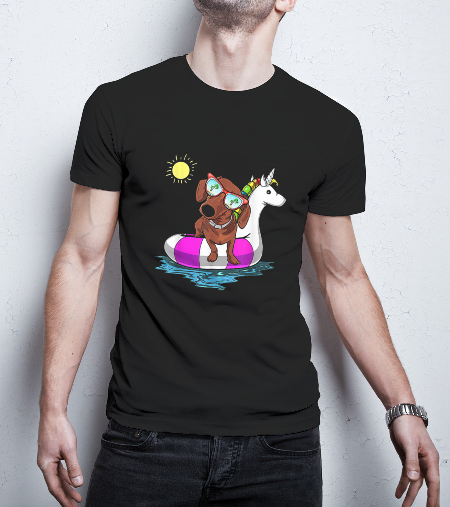 Dachshund On Unicorn Float At Summer Pool Party With Sunglasses And Sun T-Shirt