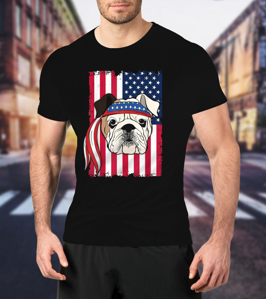 Patriotic Bulldog Wearing Bandana With American Flag Background T-Shirt