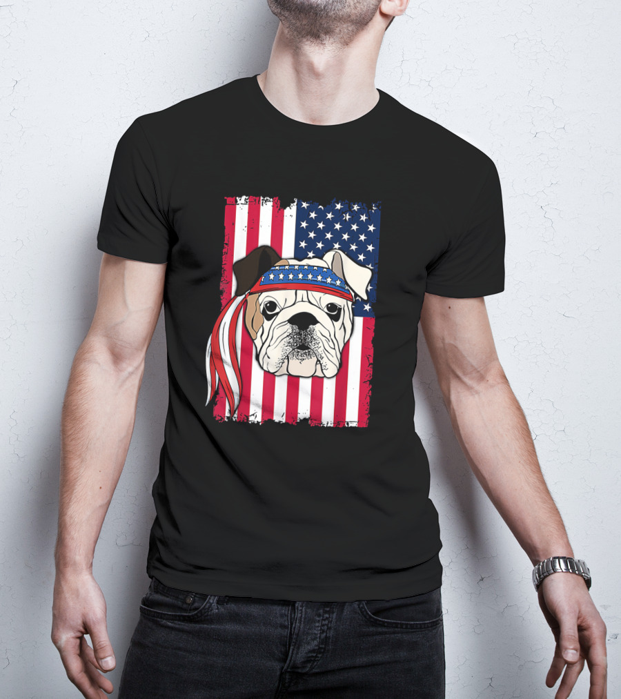 Patriotic Bulldog Wearing Bandana With American Flag Background T-Shirt