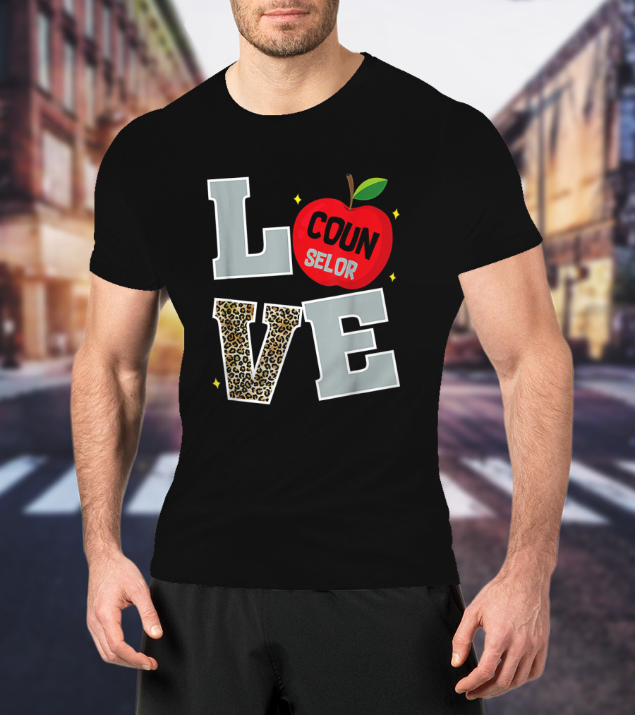 LOVE Counselor Apple Back To School Leopard Print Teacher T-Shirt