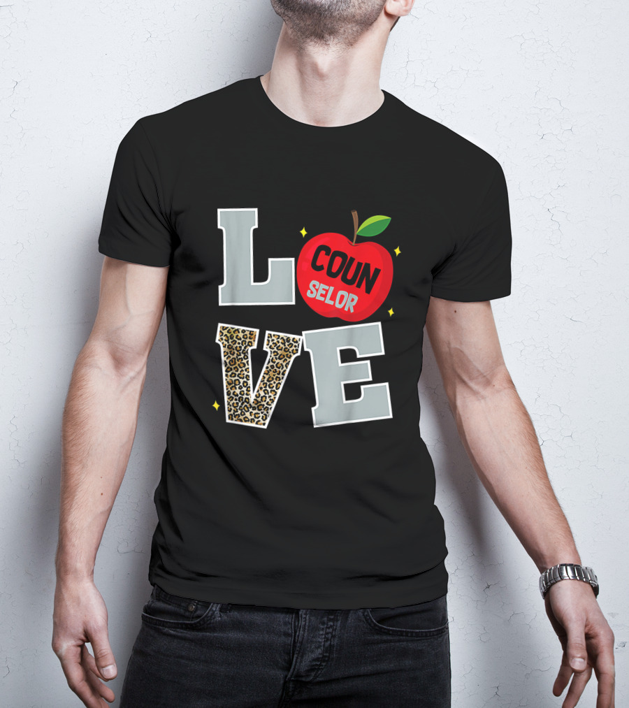 LOVE Counselor Apple Back To School Leopard Print Teacher T-Shirt