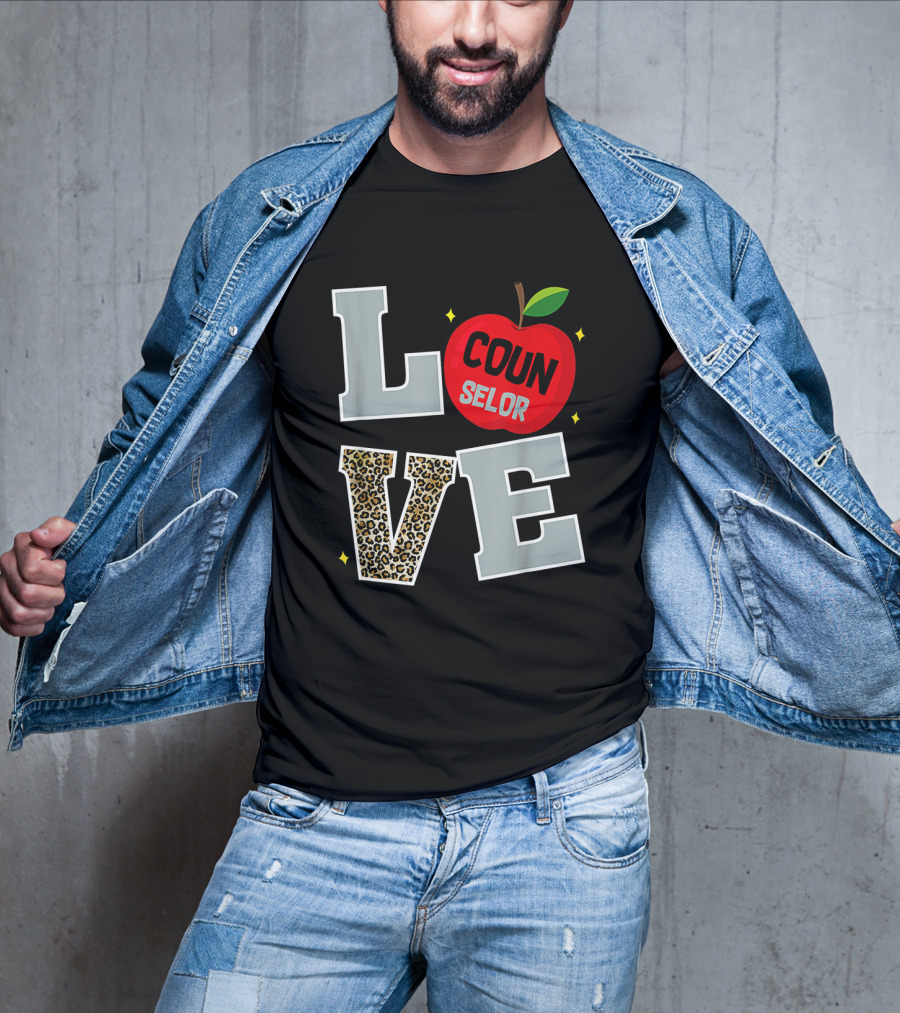 LOVE Counselor Apple Back To School Leopard Print Teacher T-Shirt