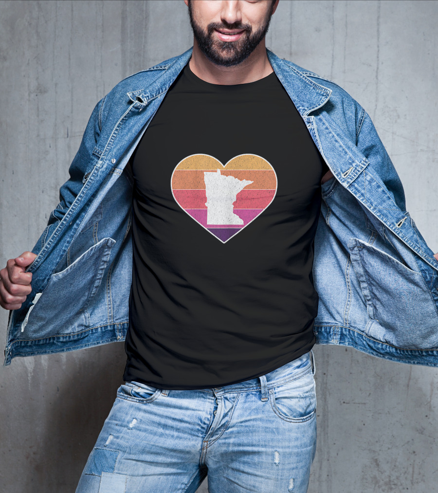 Minnesota Love Heart With State Silhouette On Vintage Stripes T-Shirt