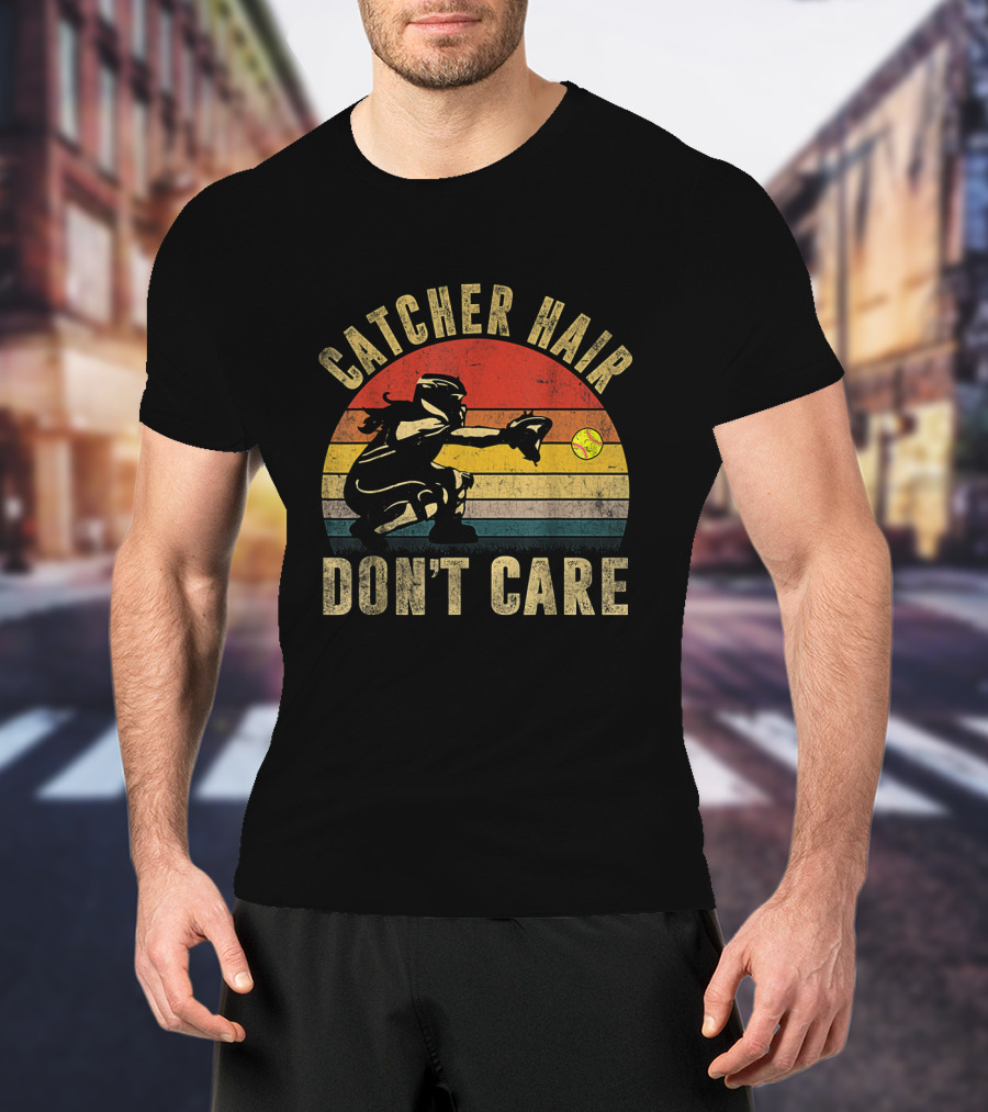Catcher Hair Don't Care Retro Softball Catcher Girls T-Shirt