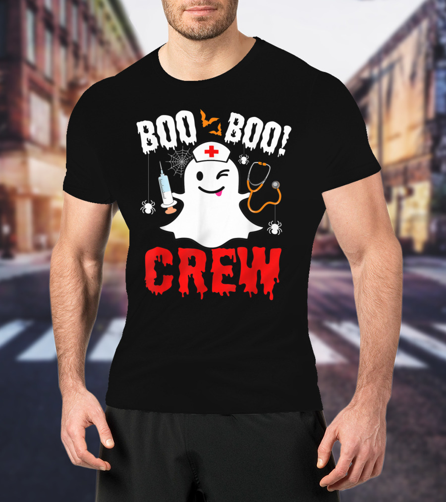 Boo Boo Crew Nurse Ghost Halloween Spiders Bats Stethoscope T-Shirt