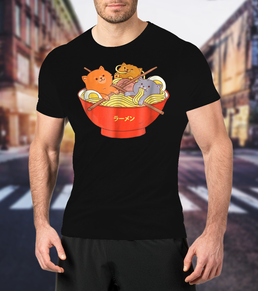 Kawaii Anime Cat Ramen Noodles In Red Bowl With Japanese Text T-Shirt
