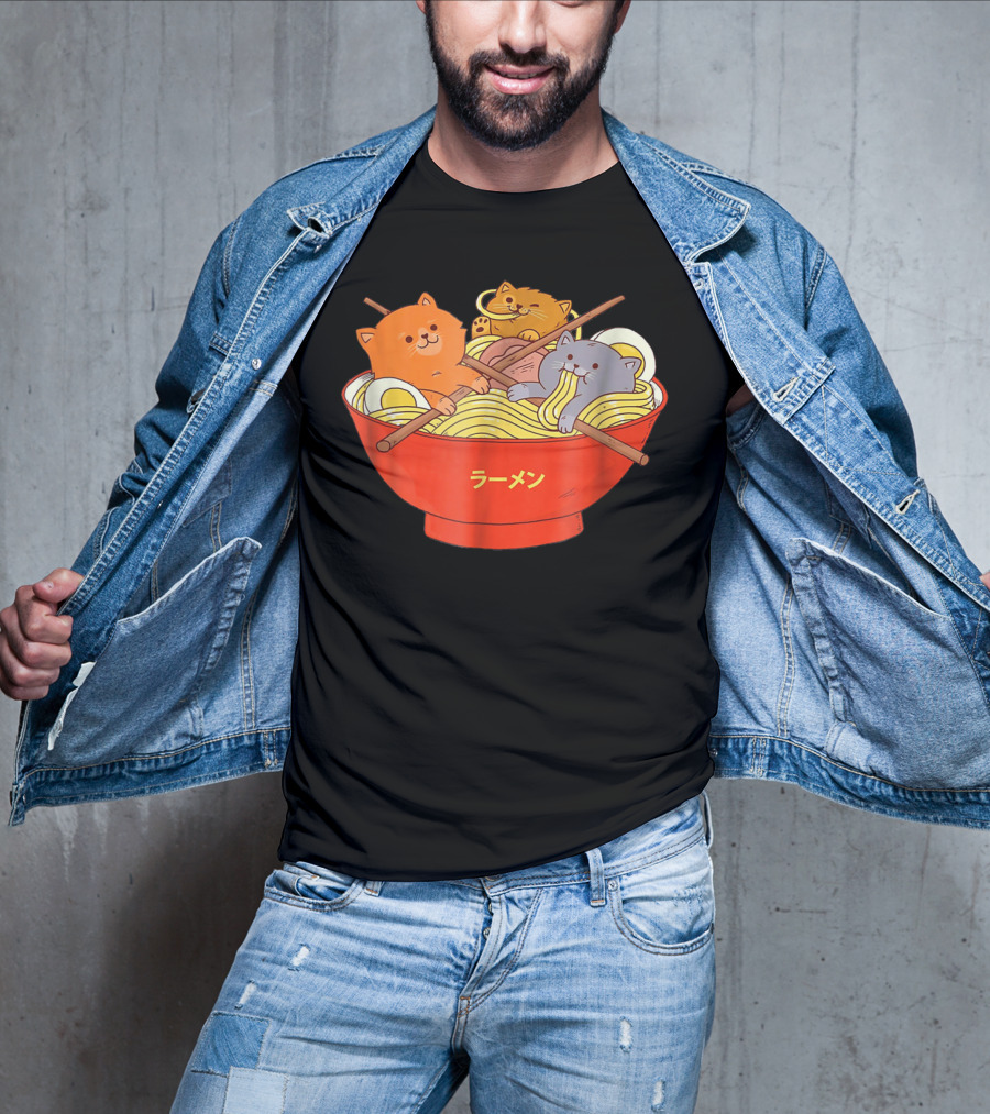 Kawaii Anime Cat Ramen Noodles In Red Bowl With Japanese Text T-Shirt