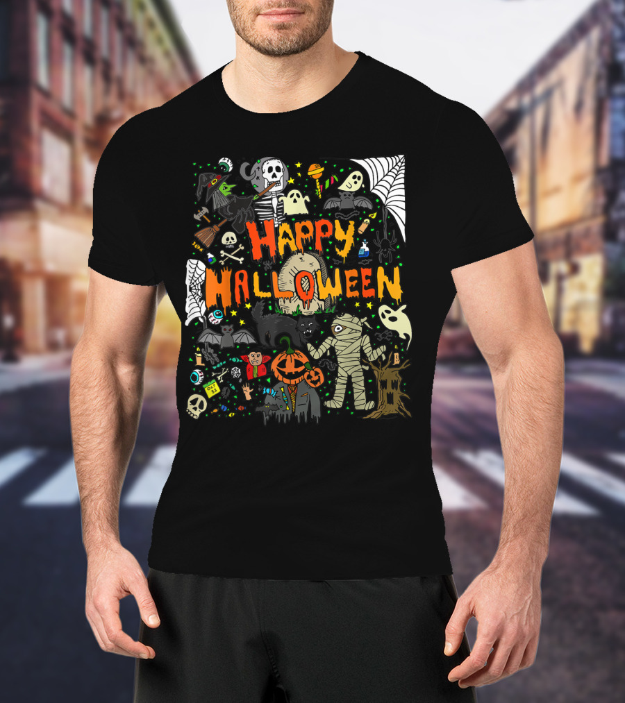 Happy Halloween Scary Mummy Ghost Witch Pumpkin Bat Skull Spiderweb T-Shirt