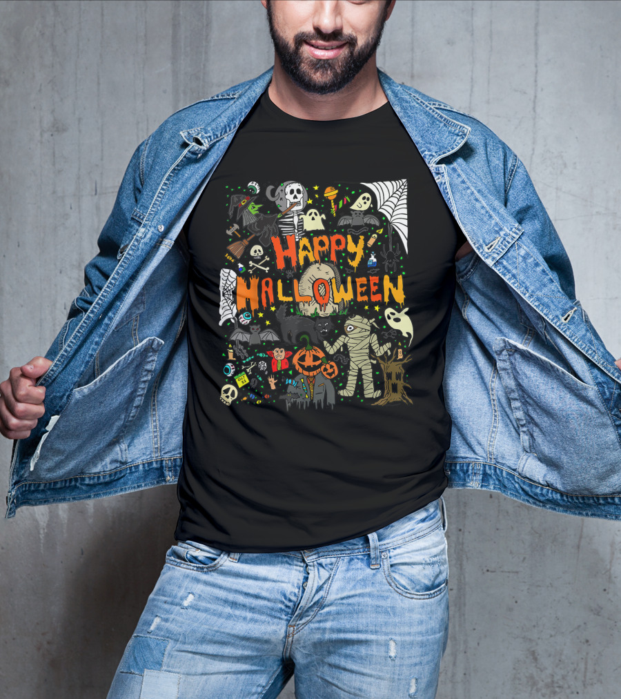 Happy Halloween Scary Mummy Ghost Witch Pumpkin Bat Skull Spiderweb T-Shirt