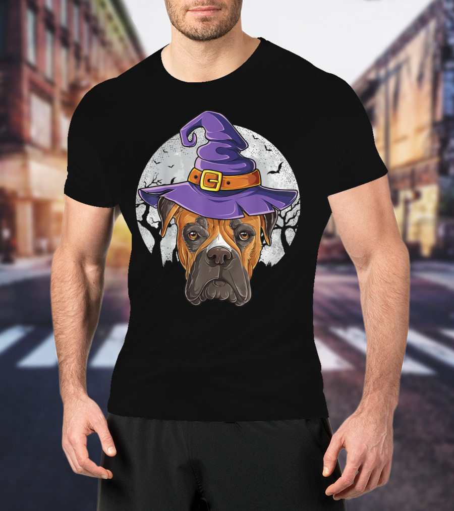 Boxer Dog In Purple Witch Hat With Moon And Bats Halloween T-Shirt