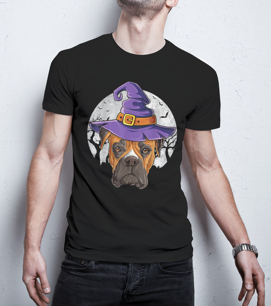 Boxer Dog In Purple Witch Hat With Moon And Bats Halloween T-Shirt