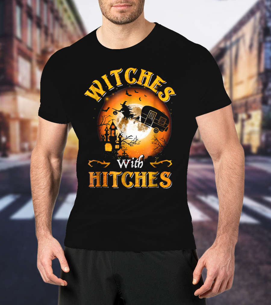Witches With Hitches Flying Broomstick Full Moon Haunted House T-Shirt
