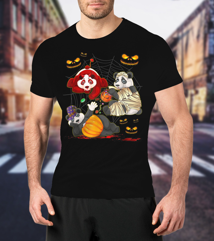 Halloween Panda Trio Mummy Clown Pumpkin Costume With Spider Web And Jack-o'-Lanterns T-Shirt
