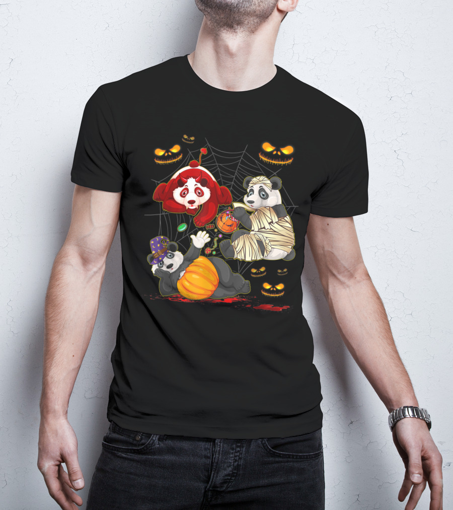 Halloween Panda Trio Mummy Clown Pumpkin Costume With Spider Web And Jack-o'-Lanterns T-Shirt