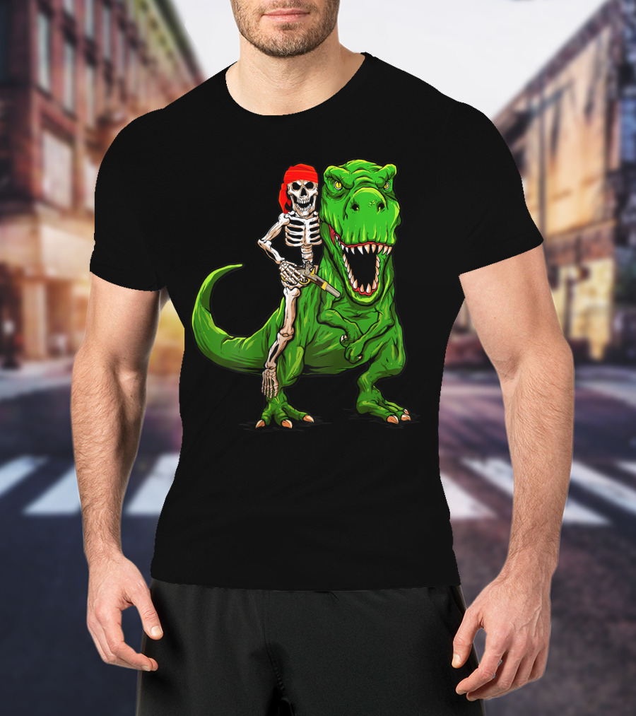 Pirate Skeleton Riding Rex Dinosaur With Red Bandana T-Shirt