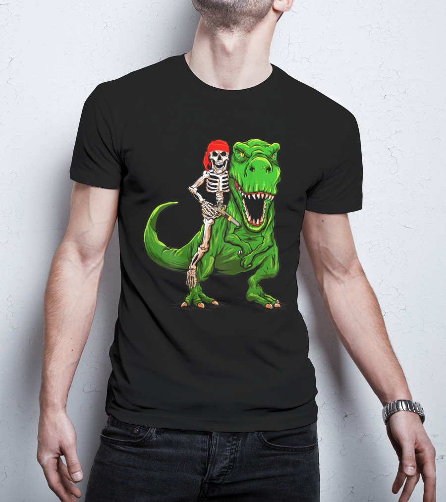 Pirate Skeleton Riding Rex Dinosaur With Red Bandana T-Shirt