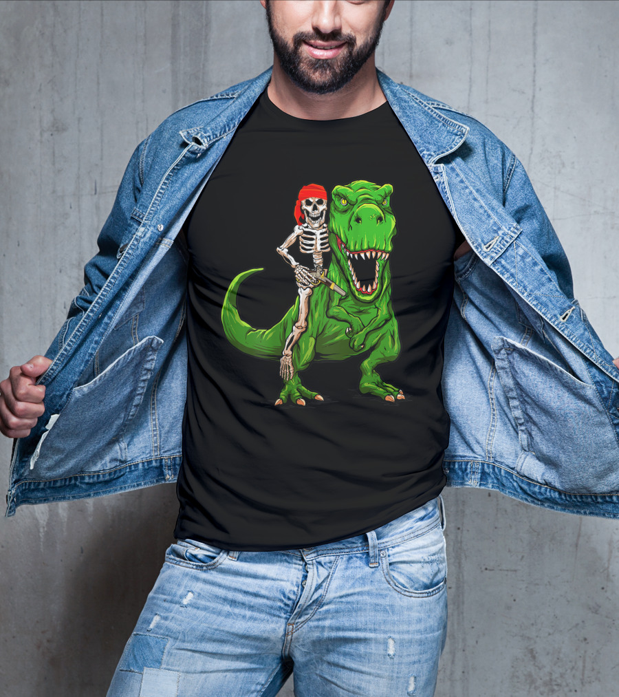 Pirate Skeleton Riding Rex Dinosaur With Red Bandana T-Shirt
