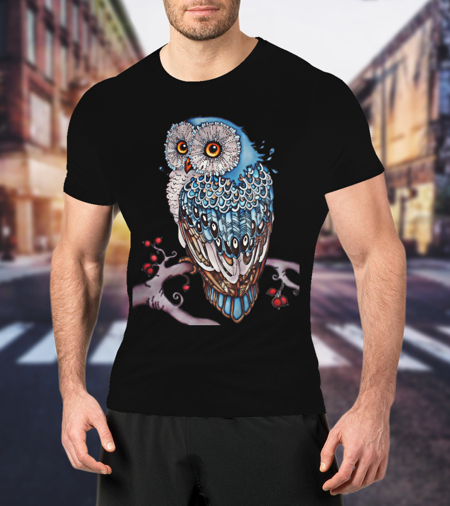Luminous Blue Owl On Branch With Red Berries - Owl For You T-Shirt