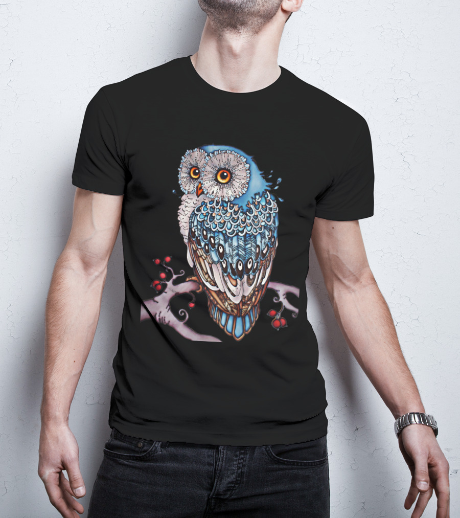 Luminous Blue Owl On Branch With Red Berries - Owl For You T-Shirt