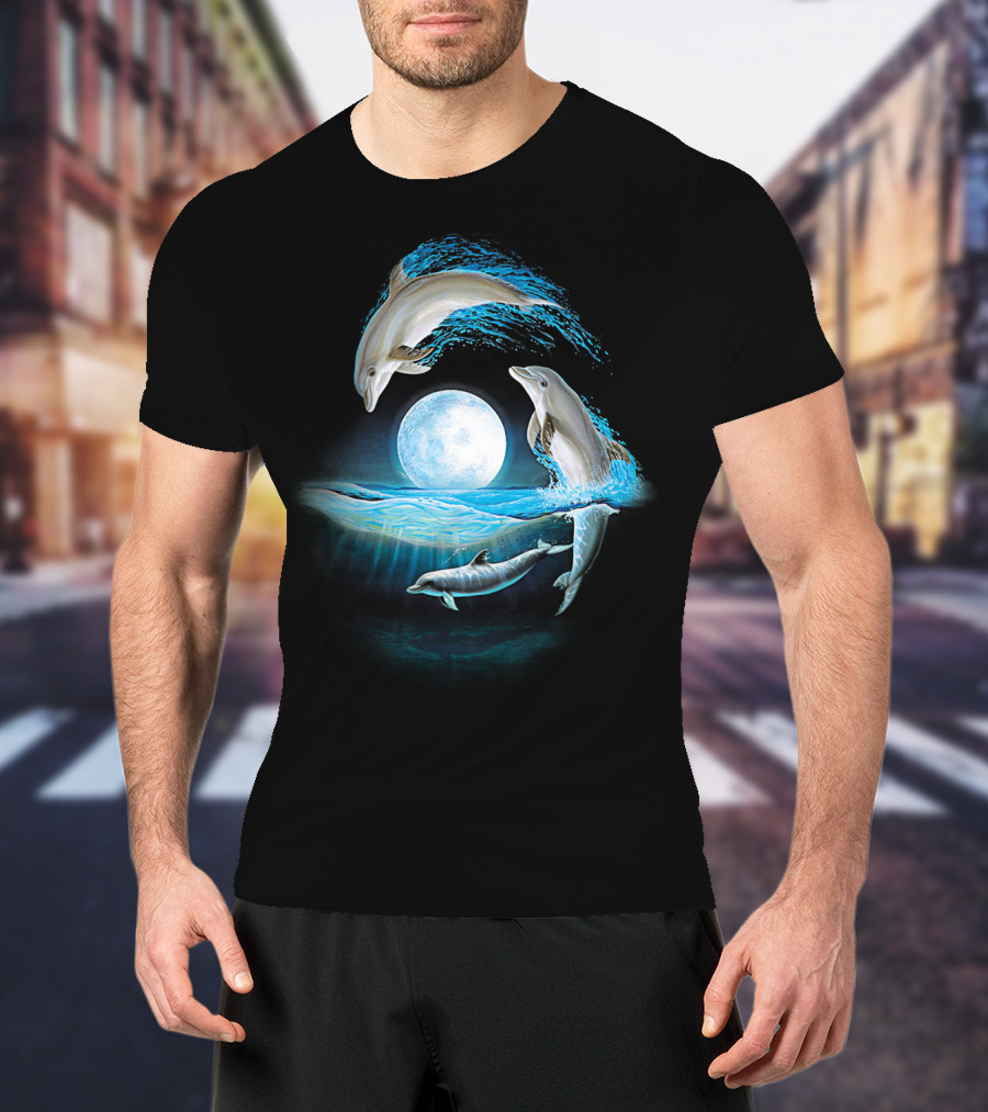 Full Moon Dolphin Leap Ocean Waves T-Shirt