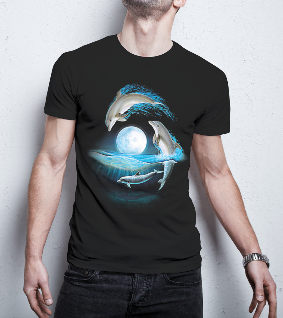 Full Moon Dolphin Leap Ocean Waves T-Shirt