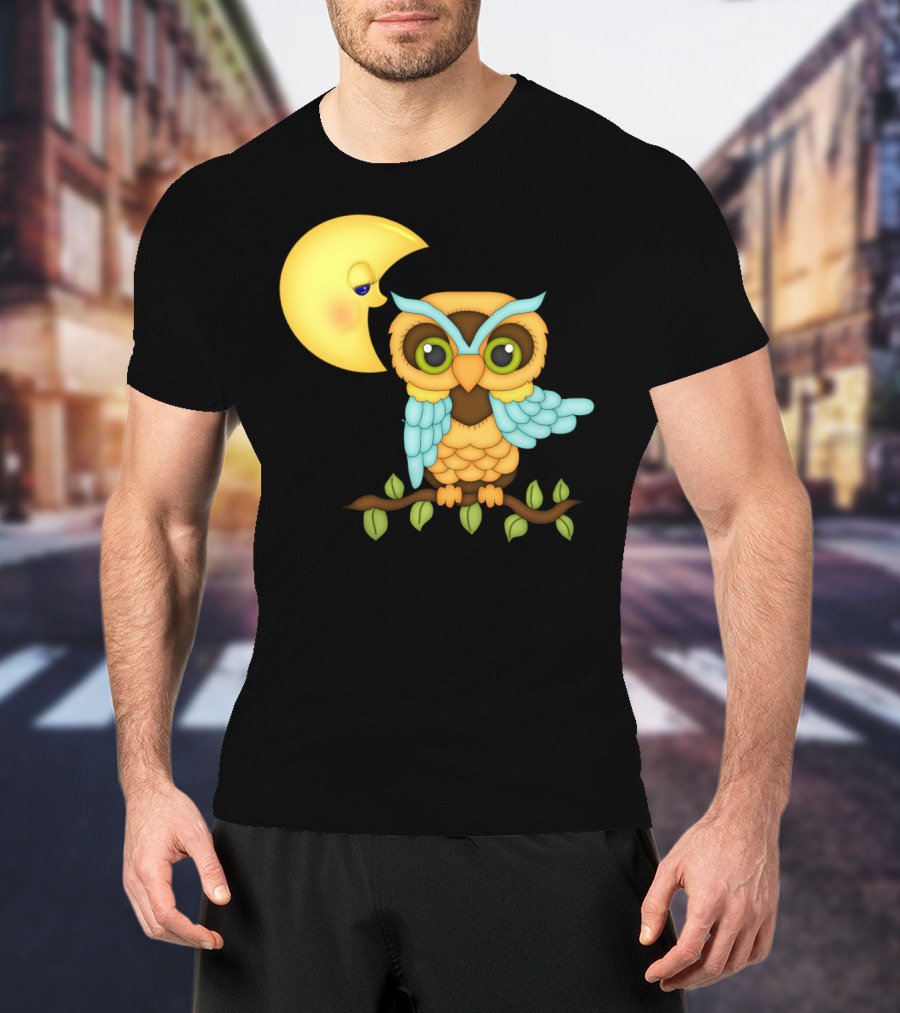 Owl Sitting On Branch With Smiling Crescent Moon T-Shirt