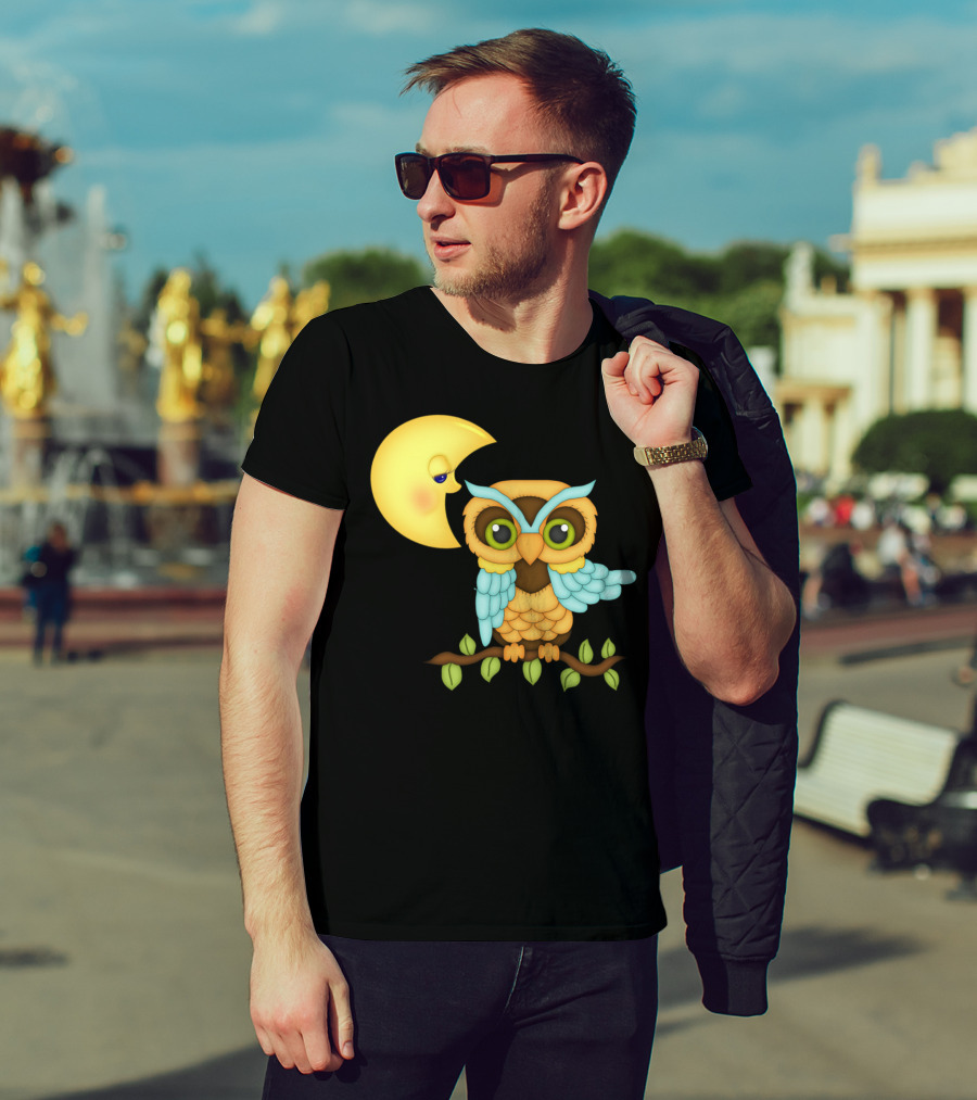 Owl Sitting On Branch With Smiling Crescent Moon T-Shirt