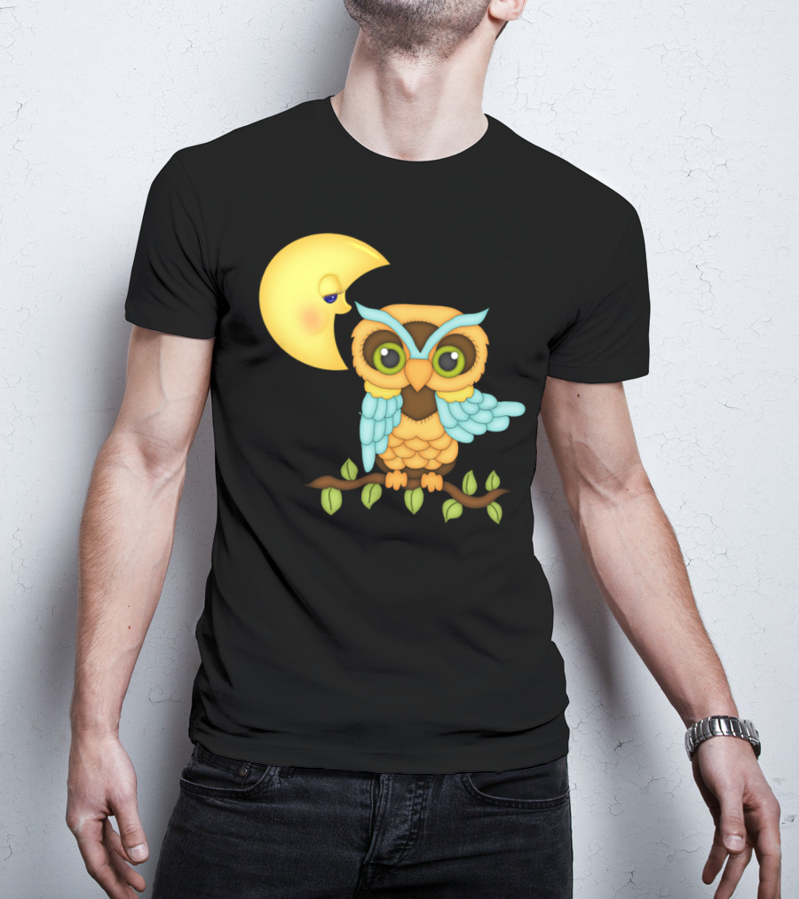 Owl Sitting On Branch With Smiling Crescent Moon T-Shirt