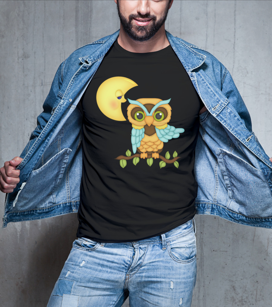 Owl Sitting On Branch With Smiling Crescent Moon T-Shirt