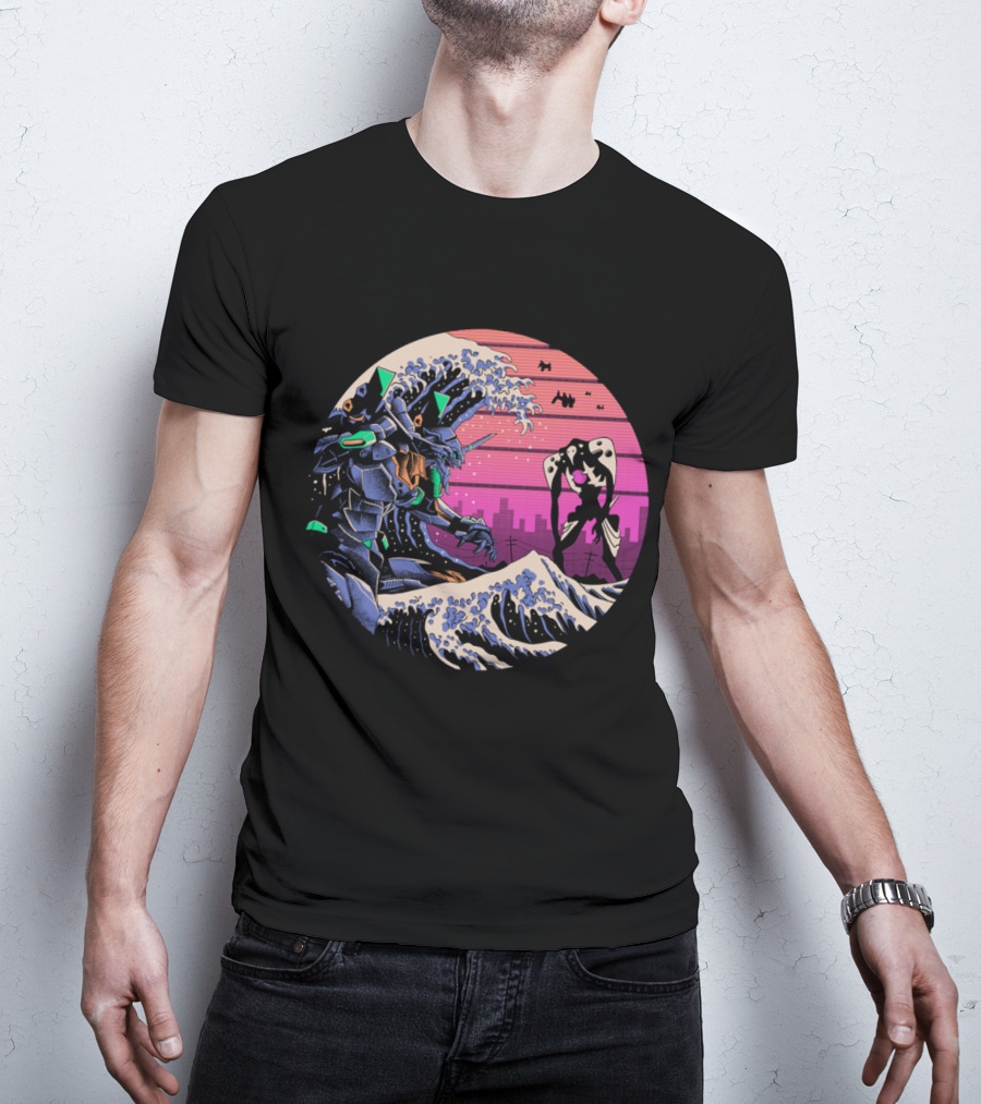 Neon Genesis Evangelion Retro Wave Style Giant Mecha Ocean Scene T-Shirt