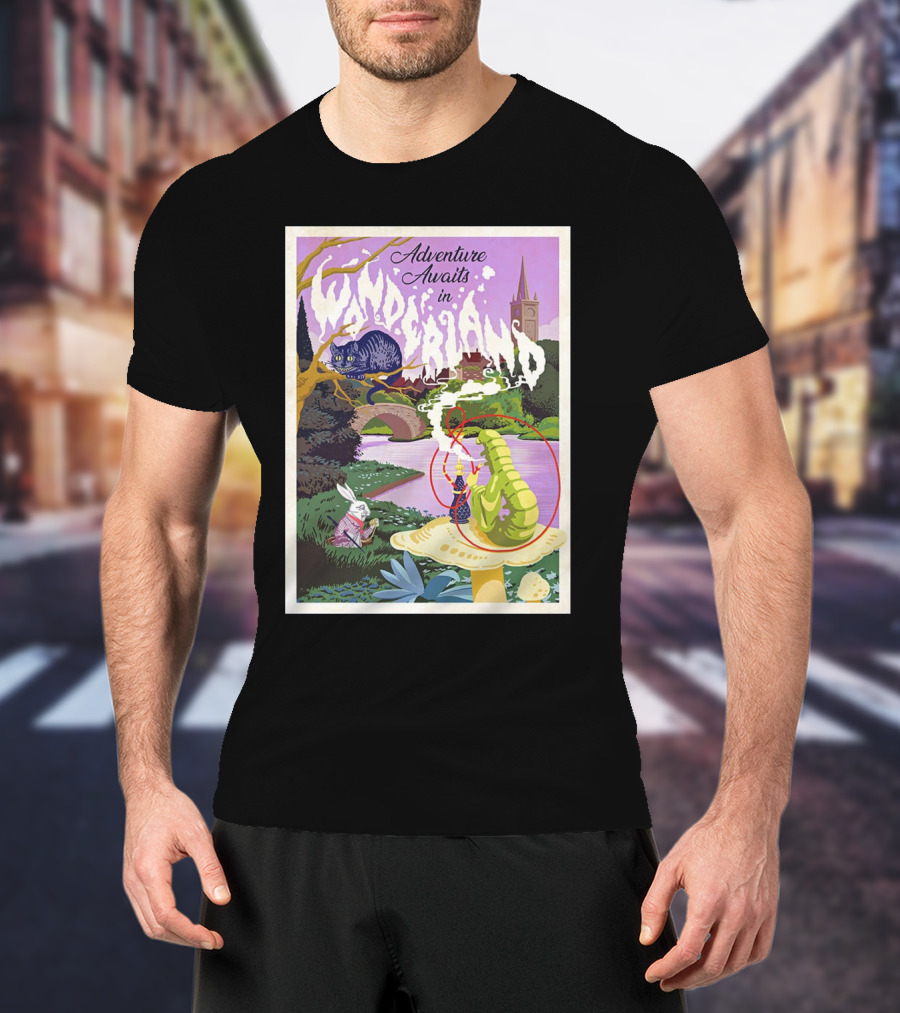 Adventure Awaits In Wonderland Cheshire Cat And Caterpillar Scene T-Shirt