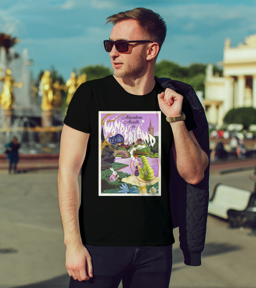 Adventure Awaits In Wonderland Cheshire Cat And Caterpillar Scene T-Shirt