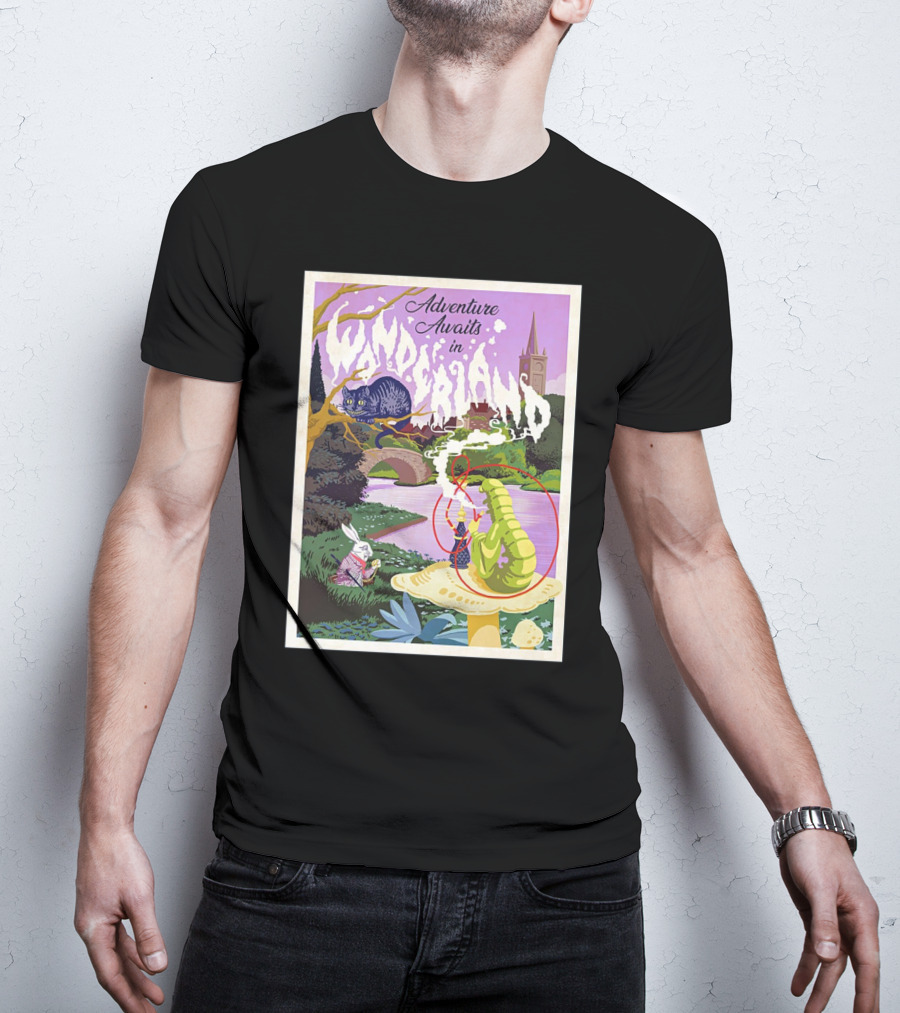 Adventure Awaits In Wonderland Cheshire Cat And Caterpillar Scene T-Shirt