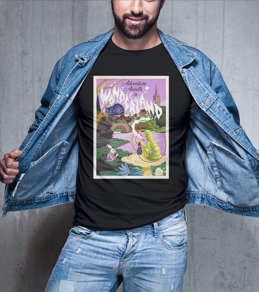 Adventure Awaits In Wonderland Cheshire Cat And Caterpillar Scene T-Shirt