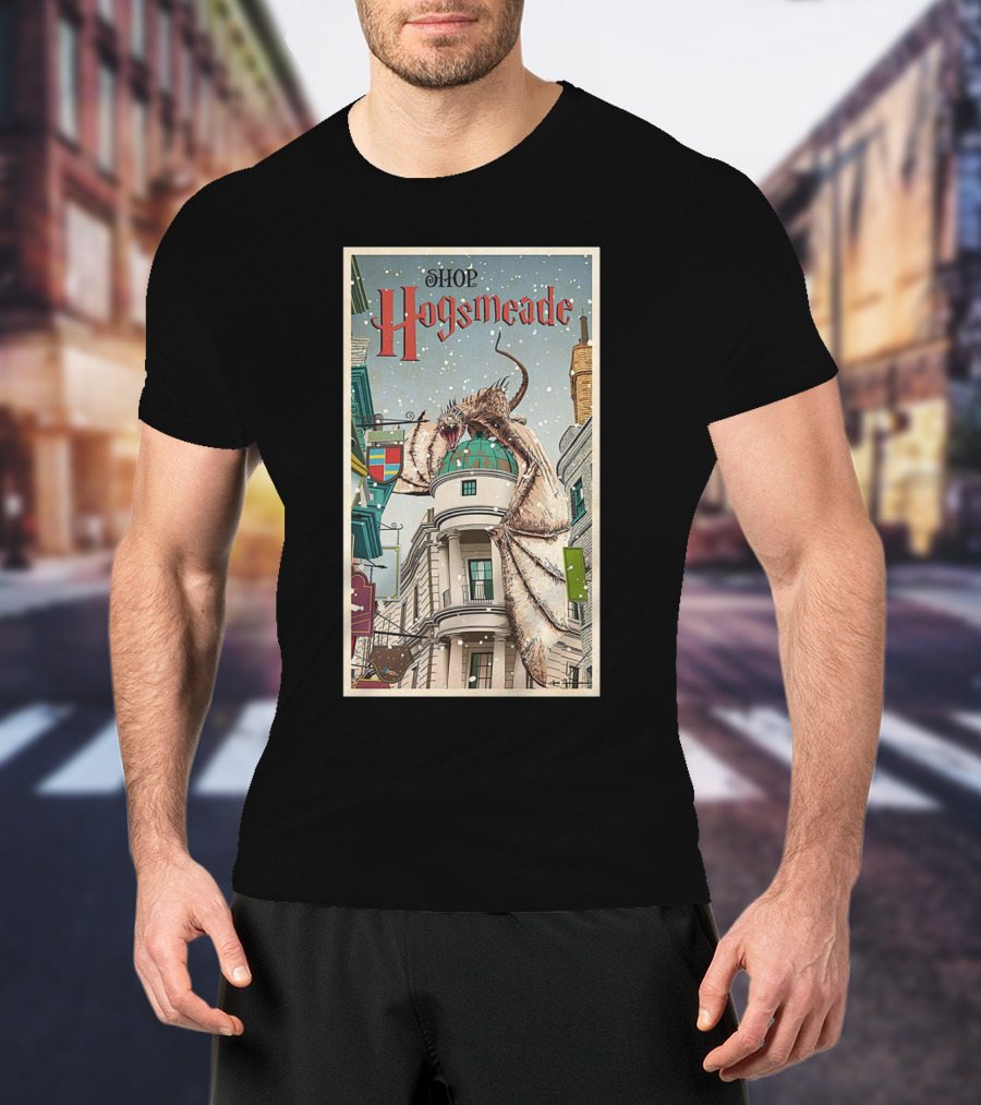Hogsmeade Shopping Adventure With Snowy Streets And Dragon-Guarded Shops T-Shirt