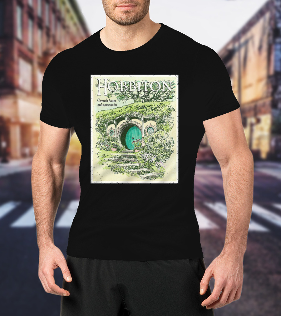 Hobbiton Crouch Down And Come On In With Illustrated Green Door And Garden Path T-Shirt