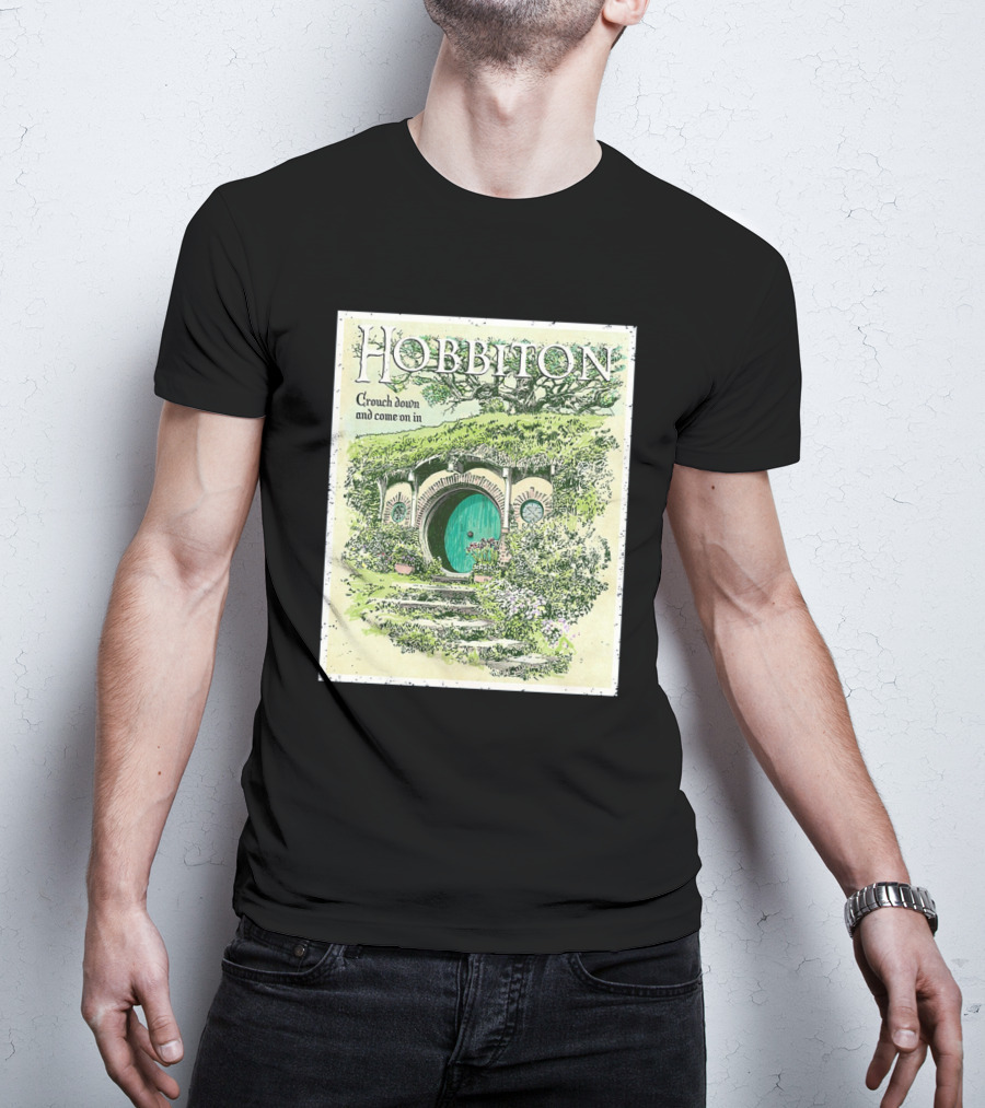 Hobbiton Crouch Down And Come On In With Illustrated Green Door And Garden Path T-Shirt