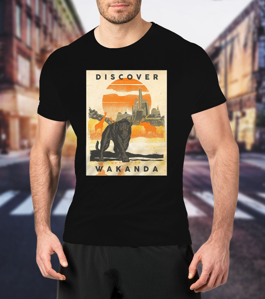 Discover Wakanda Panther And Futuristic Cityscape With Sunset T-Shirt