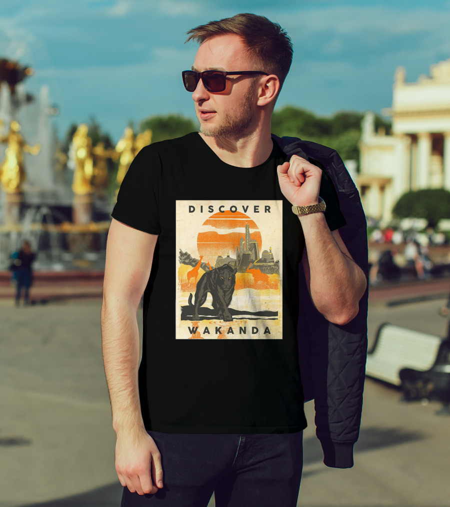 Discover Wakanda Panther And Futuristic Cityscape With Sunset T-Shirt