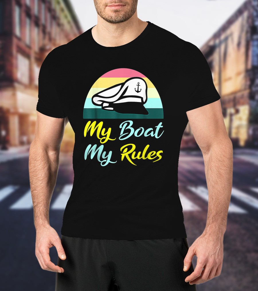 My Boat My Rules Sailor Captain Hat With Anchor Icon Retro Colors T-Shirt