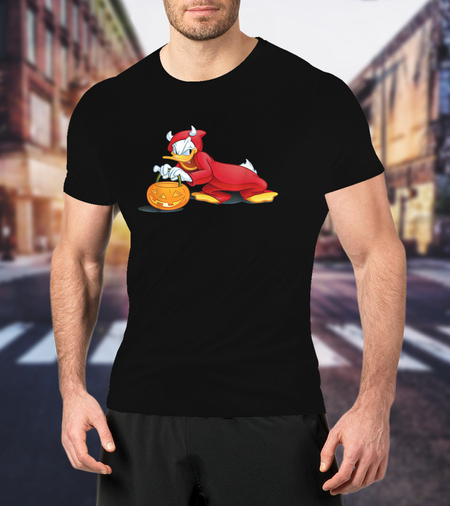 Donald Duck Devil Halloween Costume With Pumpkin Basket T-Shirt