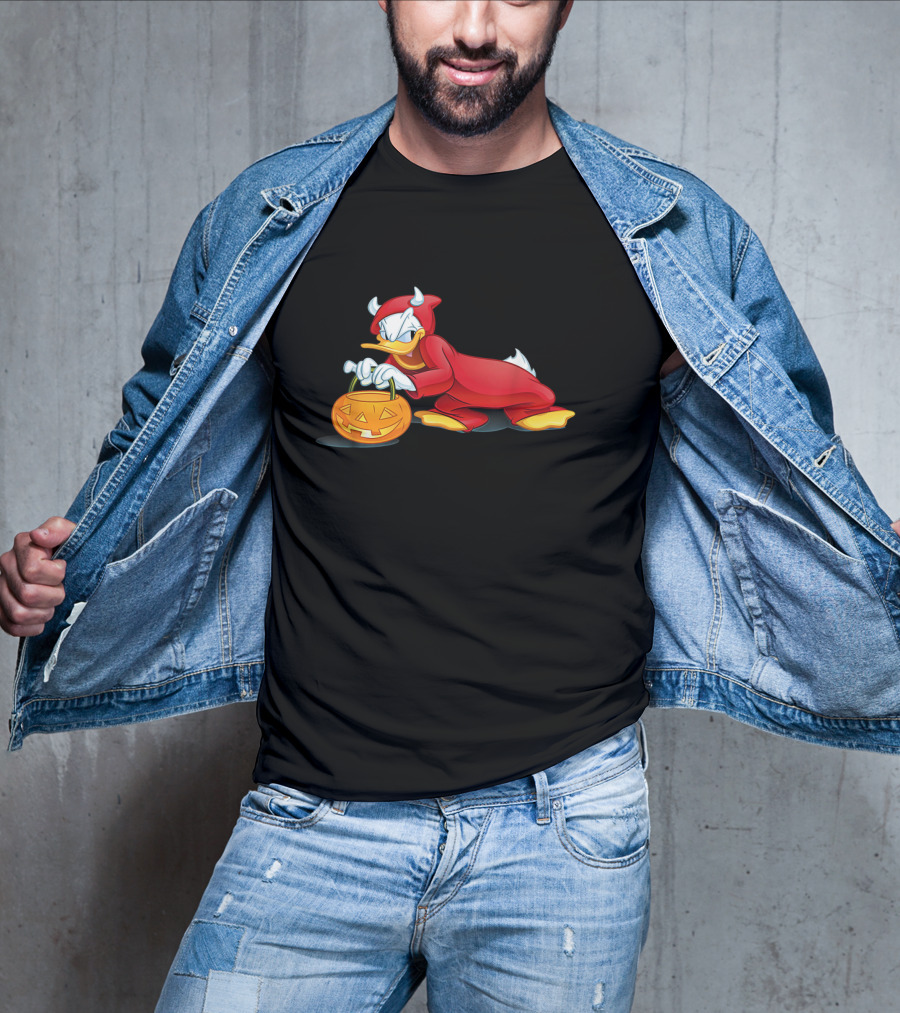 Donald Duck Devil Halloween Costume With Pumpkin Basket T-Shirt