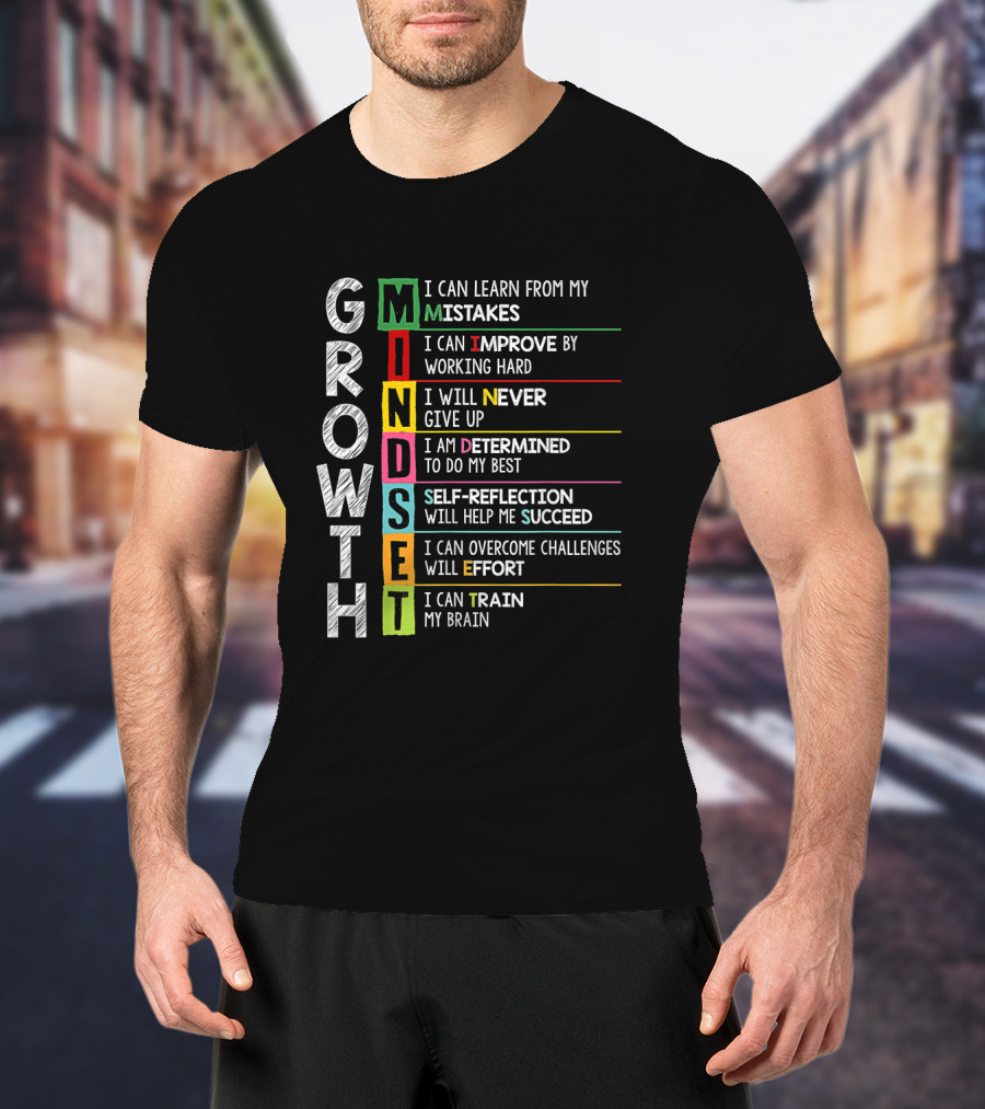 Growth Mindset Mistakes Improve Hard Work Never Give Up Determined Self Reflection Succeed Overcome Challenges Train Brain T-Shirt