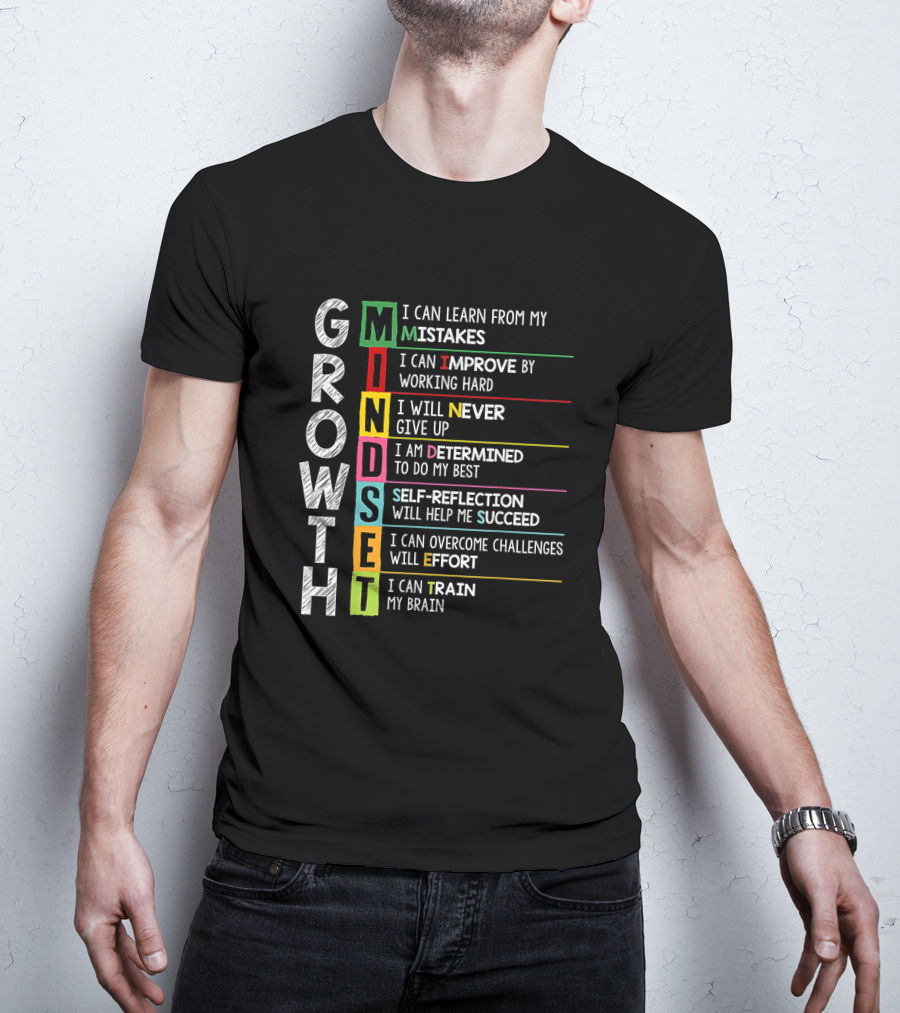 Growth Mindset Mistakes Improve Hard Work Never Give Up Determined Self Reflection Succeed Overcome Challenges Train Brain T-Shirt